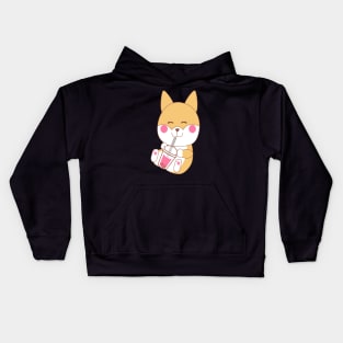 Kawaii Shiba Inu japanese dog drinking bubble boba tea Kids Hoodie